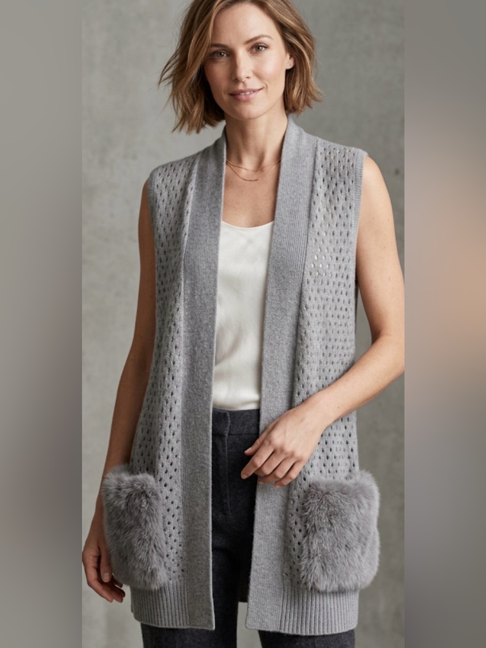 Magaschoni 100% Cashmere Gray Open-Front Sleeveless Knit Vest with Faux Fur Pock